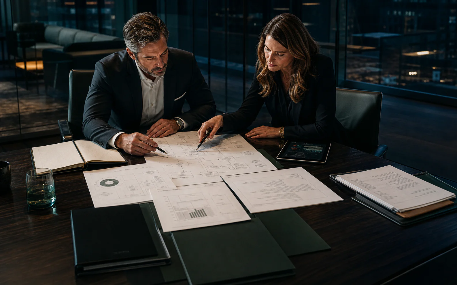 Advisors mapping business entities, financial statements, and goals across a planning table