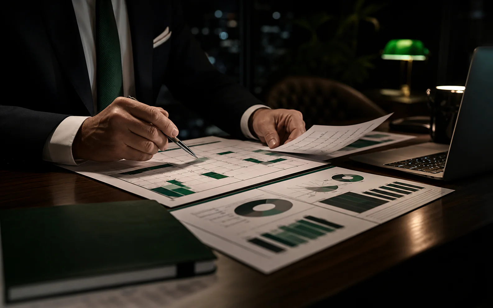 Hands reviewing a calendar and financial dashboards during the tax year