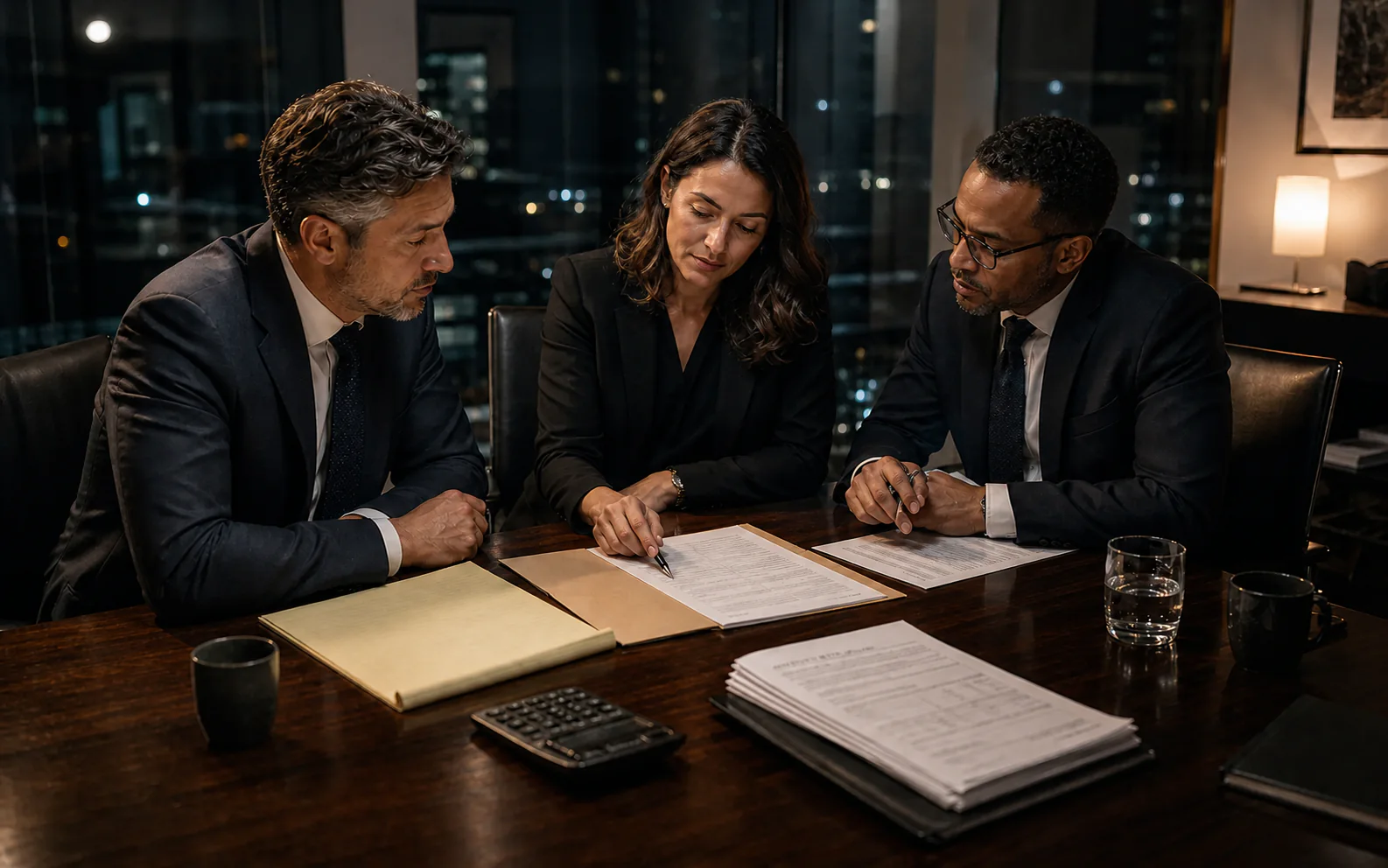 Three advisors coordinating tax, finance, and personal planning after hours