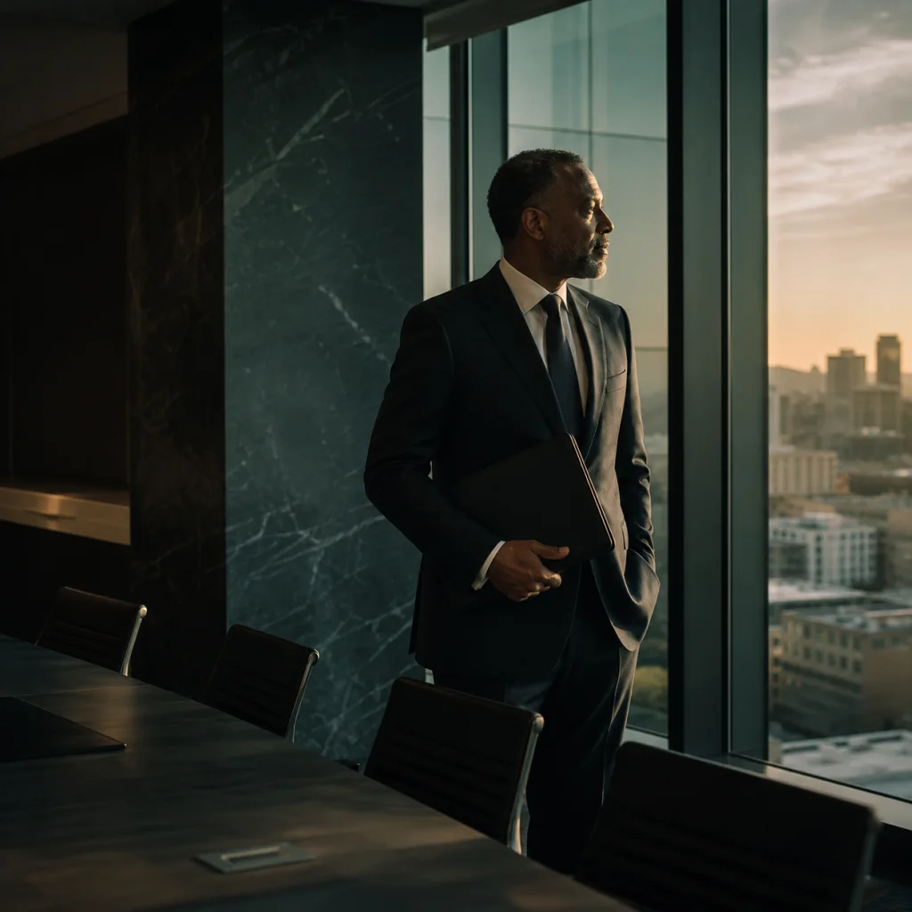 Executive considering long-range strategy in a boardroom