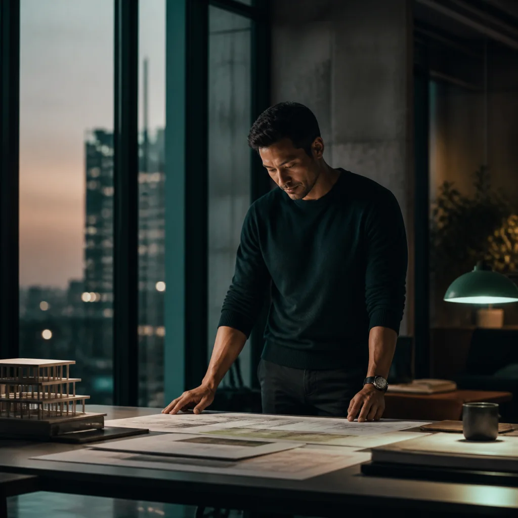 Founder reviewing plans in an architectural workspace