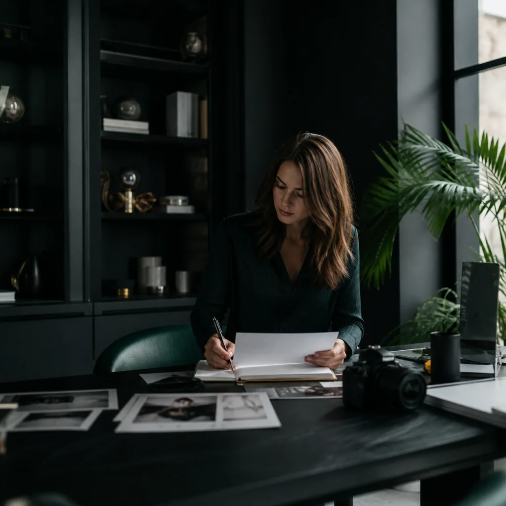 Creator reviewing business materials in a private studio